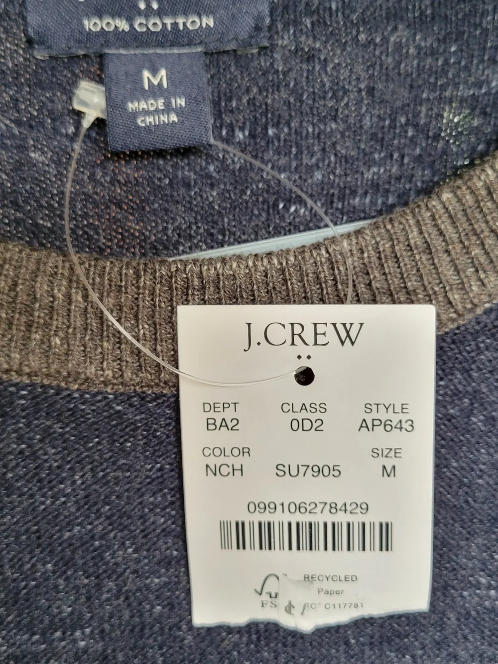 J. Crew Men's Navy Body with Gray Raglan Crewneck Sweater